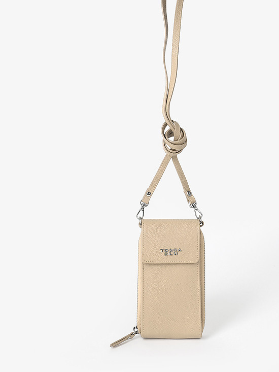 Кожаная микро-сумочка - кошелек с ремешком на шею цвета слоновой кости  Tosca Blu
