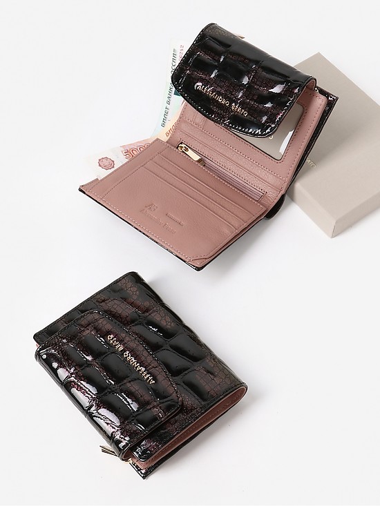 Небольшой кошелек из черно-коричневой лаковой кожи под крокодила  Alessandro Beato
