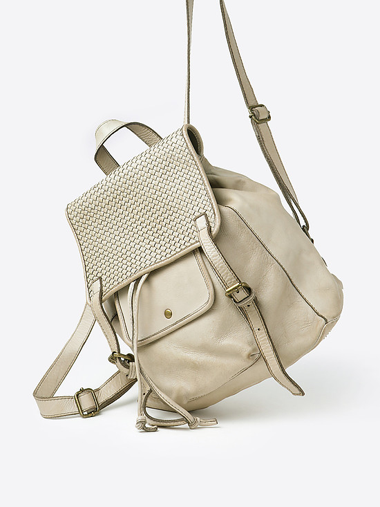 Светло-бежевый рюкзак из мягкой кожи с винтажным эффектом и плетением  BE NICE