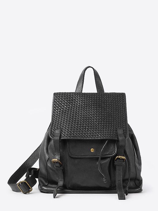 Черный рюкзак из мягкой кожи с винтажным эффектом и плетением  BE NICE