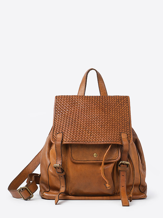 Коричневый рюкзак из мягкой кожи с винтажным эффектом и плетением  BE NICE