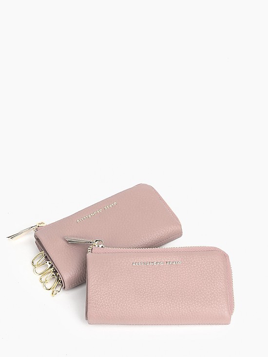 Пудрово-розовая кожаная ключница на молнии с карманом для купюр  Alessandro Beato