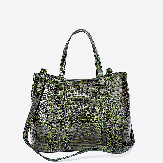 Зеленая кожаная сумка-тоут небольшого размера с тиснением под крокодила  Richet