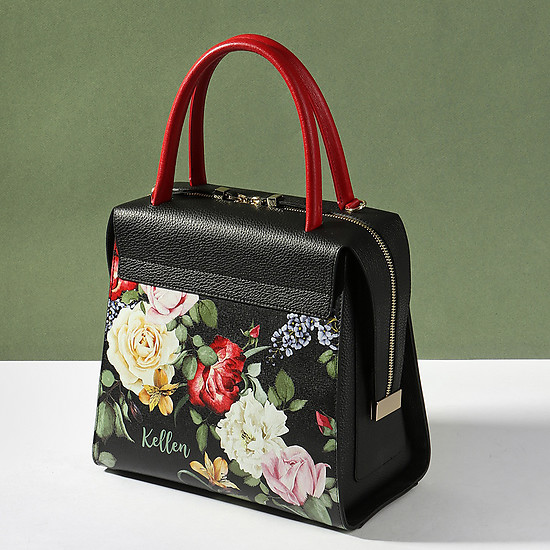 Черная сумка из натуральной кожи с эксклюзивным принтом цветов  KELLEN