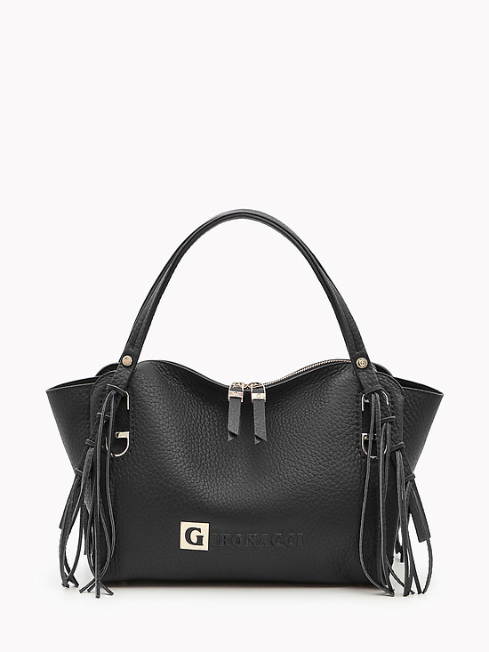 Черная сумка-тоут из мелкозернистой кожи с кисточками  Gironacci