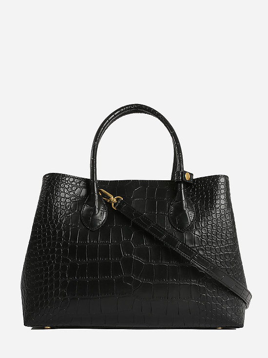 Черная классическая сумка-тоут из кожи под крокодила  Leo Ventoni