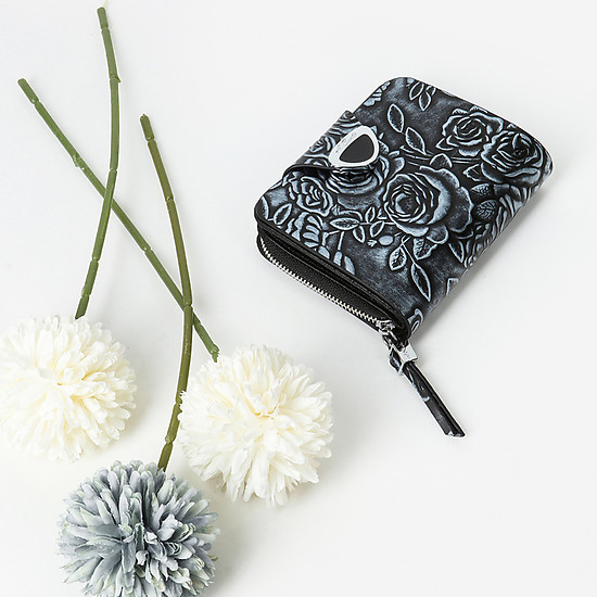 Небольшой черный кошелек из кожи с цветочным тиснением и принтом  Alessandro Beato