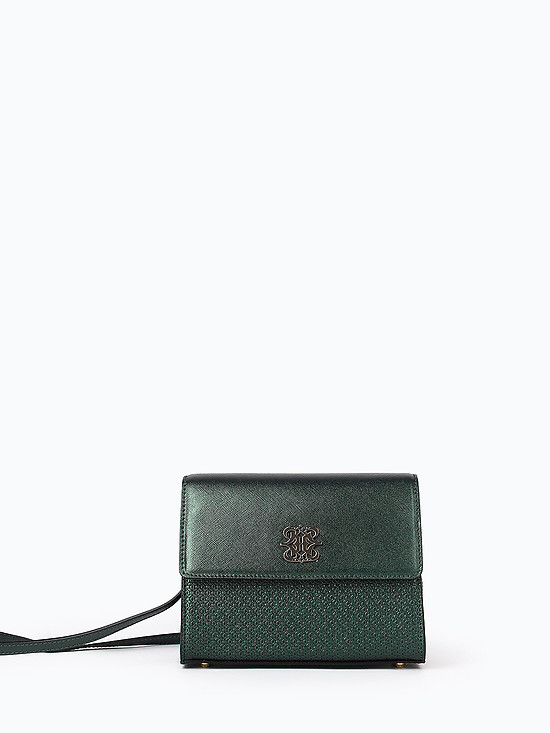 Маленькая прямоугольная сумочка-флап через плечо из темно-зеленой металлизированной сафьяновой кожи и кожи с узорным тиснением  Ripani