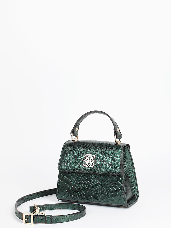 Мини-сумочка сэтчел из темно-зеленой металлизированной кожи под питона и натуральной фактуры  Ripani