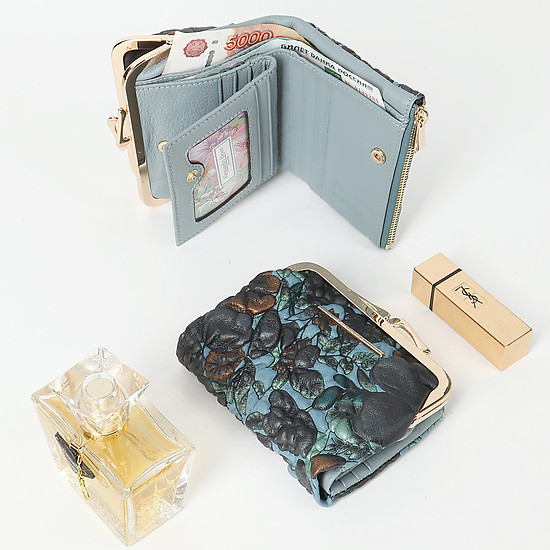 Небольшой кошелек из кожи с буклированным тиснением в серо-голубых тонах  Alessandro Beato