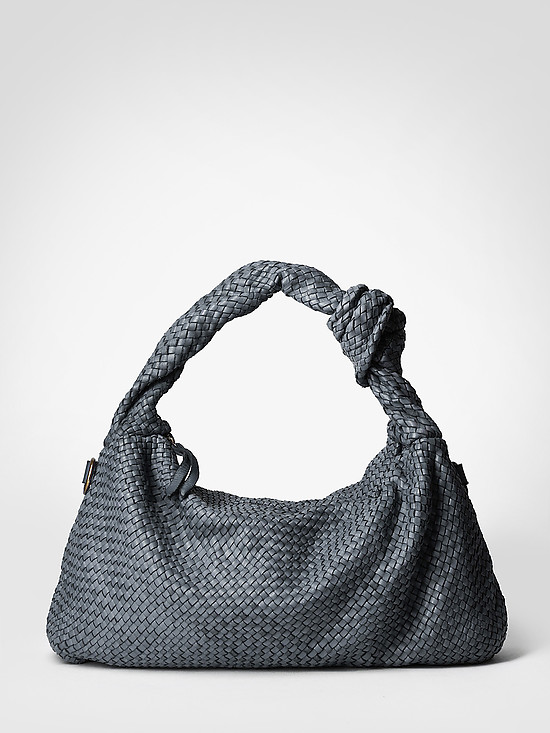 Плетеная серо-голубая сумка-хобо из мягкой кожи с винтажным эффектом  BE NICE