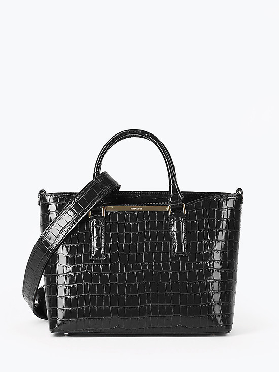 Черная сумка-тоут из плотной кожи под крокодила  Ripani
