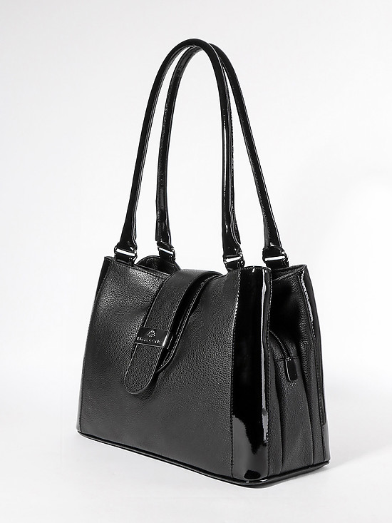 Черная кожаная сумка-тоут на плечо с лаковыми вставками  Di Gregorio