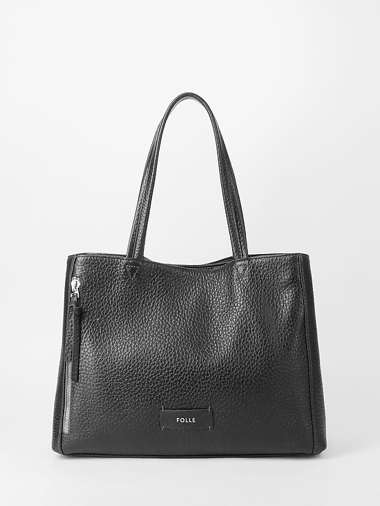 Базовая черная сумка-тоут из мягкой кожи с ручкам на плечо  Folle