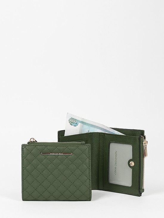 Небольшой кошелек с внешним карманом на молнии из зеленой стеганой кожи  Alessandro Beato