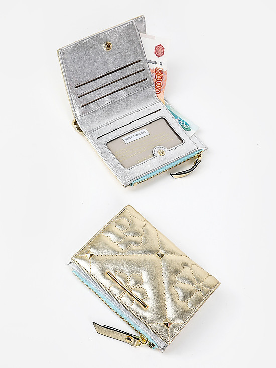 Небольшой кошелек с внешним карманом на молнии из золотистой кожи с узорной строчкой  Alessandro Beato