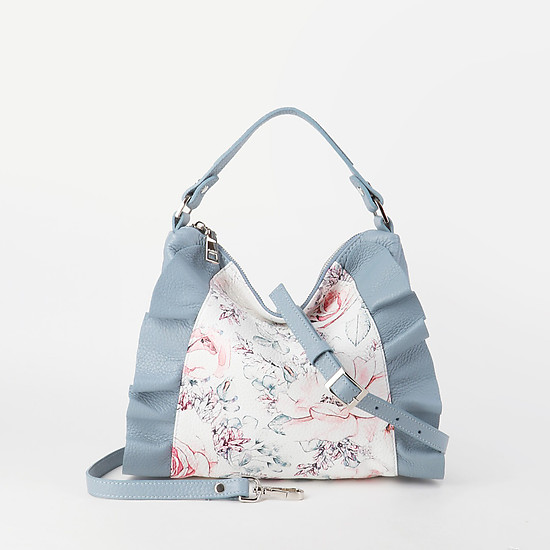 Мягкая сумка-хобо из кожи голубого оттенка с драпировкой и цветочным принтом  Richet