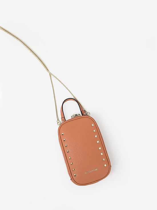 Коричневая кожаная микро-сумочка для телефона FUNNY STUDS в стиле глэм-рок  Cromia