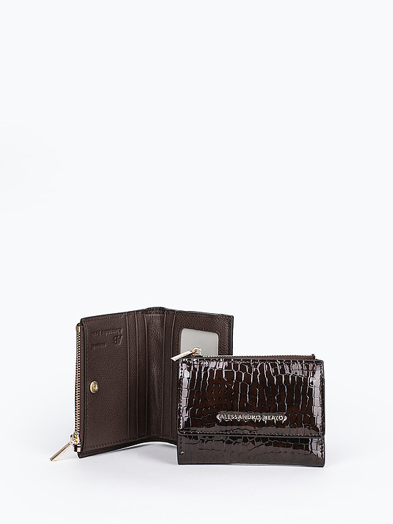 Небольшой коричневый кошелек из лаковой кожи по рептилию с внешним карманом на молнии  Alessandro Beato