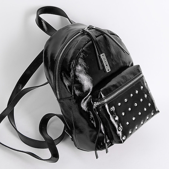 Черный рюкзак на молнии из натуральной лаковой кожи  Di Gregorio