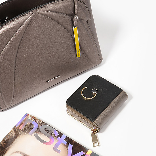 Миниатюрный кошелек из бронзовой и черной сафьяновой кожи с отделением для мелочи на молнии  Cromia