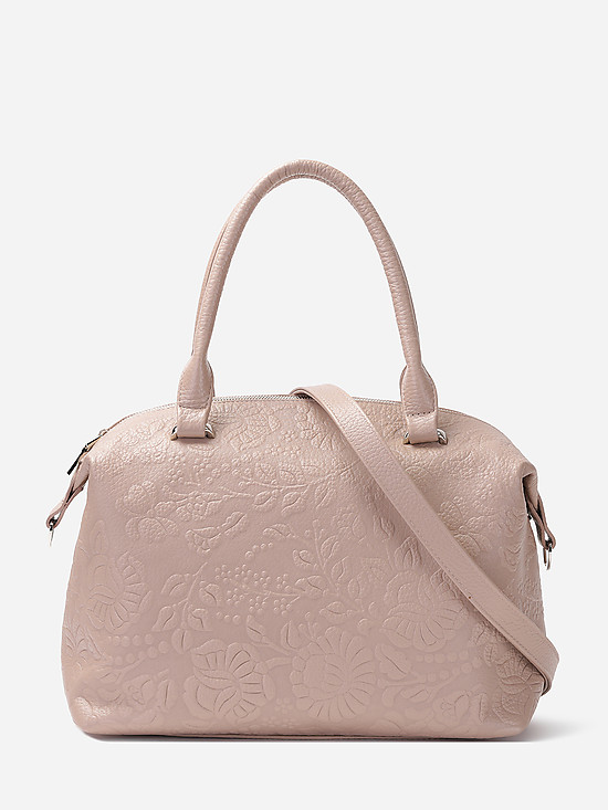 Вместительная пудрово-розовая сумка из мягкой кожи с цветочным тиснением  Richet