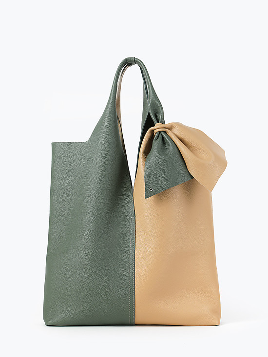 Бежево-зеленая сумка-шоппер с бантом и стразом  Folle