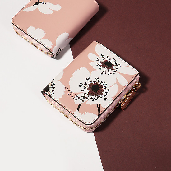 Маленький кожаный кошелек нежно-розового цвета с цветочным принтом  Alessandro Beato