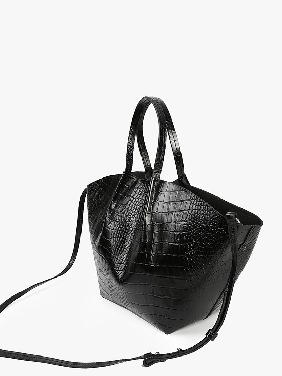 Объемная сумка-трапеция из черной кожи под крокодила  Jazy Williams