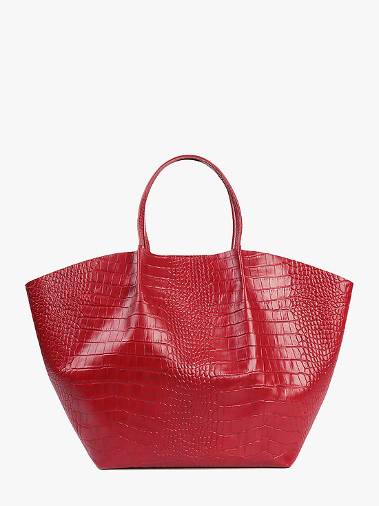 Красная сумка-тоут из кожи под крокодила в силуэте трапеции  Jazy Williams