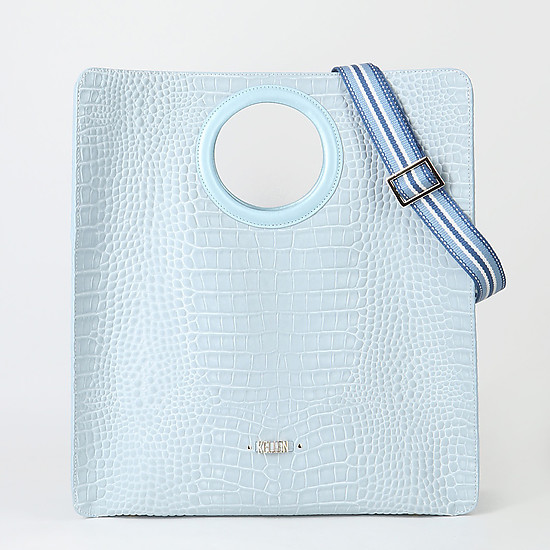 Голубая сумка-пакет из кожи с тиснением под крокодила с круглыми ручками  KELLEN