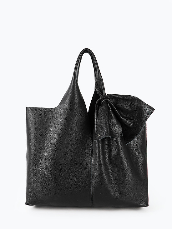 Мягкая сумка-шоппер из черной кожи с бантом и стразом  Folle