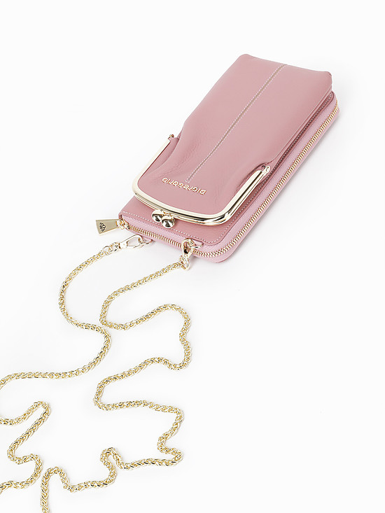 Пудрово-розовая кожаная сумочка-кошелк с цепочкой  Di Gregorio