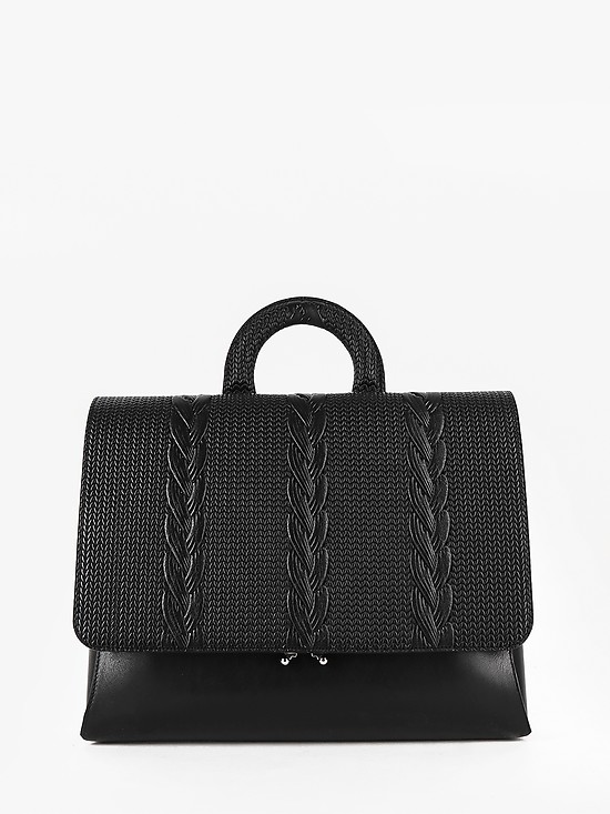Деловая сумка-портфель из черной кожи и клапаном с плетеным тиснением  KELLEN