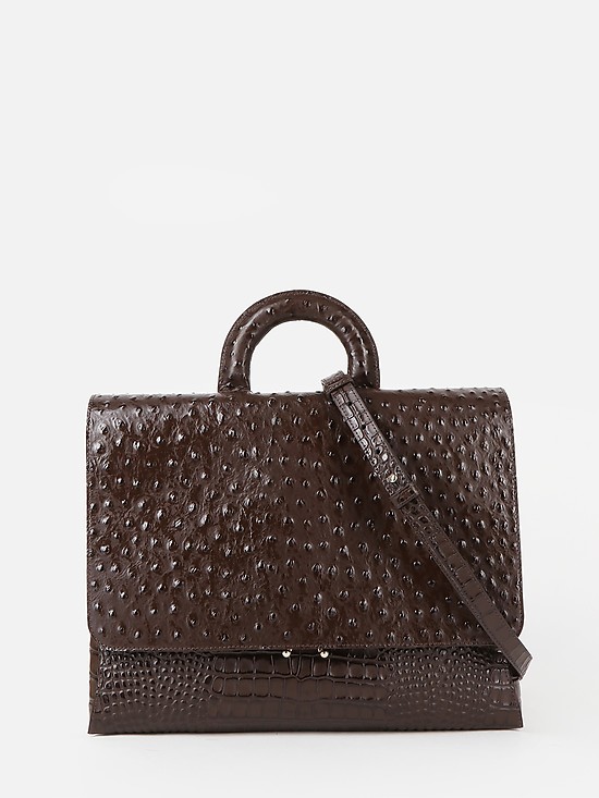 Деловая сумка-портфель из коричневой кожи под крокодила и страуса  KELLEN