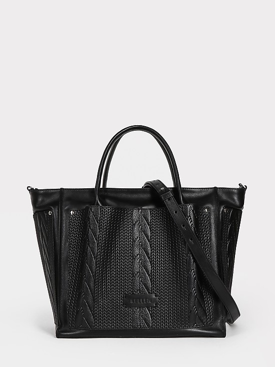 Черная сумка-трапеция формата А4 из кожи с тиснением под пряжу  KELLEN