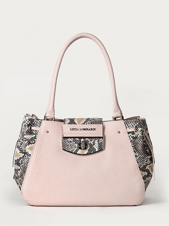 Пудрово-розовая сумка-тоут из мягкой кожи со вставками под питона  Lucia Lombardi