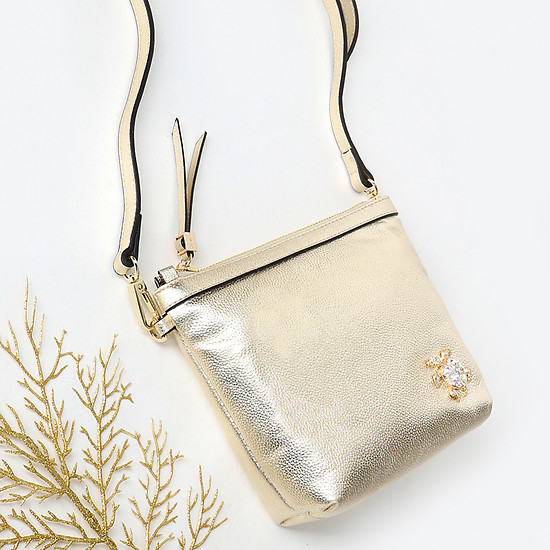 Золотистая сумочка кросс-боди из мягкой кожи с декором со стразами и съемным ремешком  Alessandro Beato
