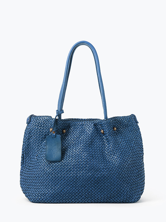 Васильково-синяя сумка-тоут из плетеной мягкой кожи с винтажным эффектом  Folle