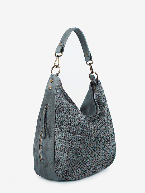 Серо-голубая сумка-хобо из мягкой кожи с плетением в винтажном стиле  BE NICE