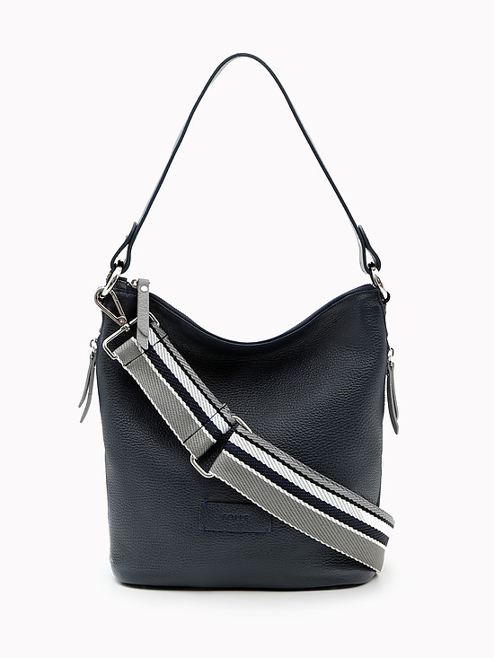 Эксклюзивная темно-синяя сумка-шоппер из натуральной кожи с текстильным ремнем  Folle