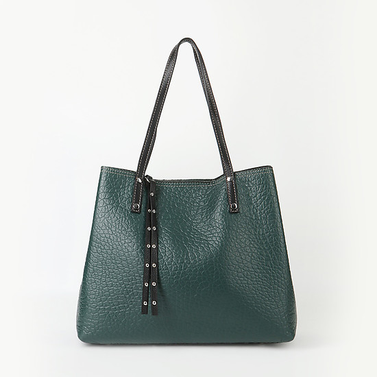 Вместительная сумка-тоут из мягкой кожи темно-зеленого оттенка с леопардовой косметичкой  Gianni Notaro
