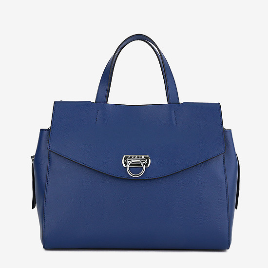 Вместительная кожаная сумка синего цвета в классическом стиле  Azaro
