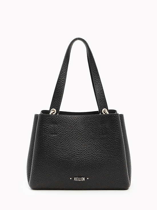 Мягкая кожаная сумка-тоут черного цвета с тремя отделами и ручками на плечо  KELLEN