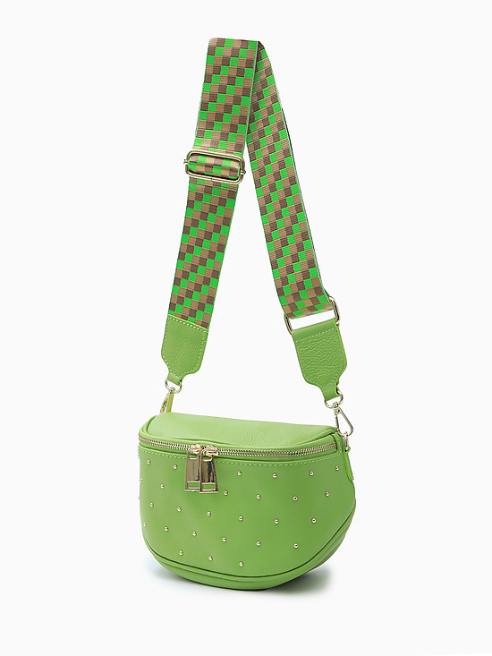 Зеленая кожаная сумочка со стразами и текстильным ремнем  Folle