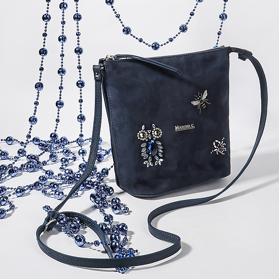 Синяя сумочка кросс-боди в сочетании кожи и замши с декором из кристаллов Swarovski  Marina Creazioni