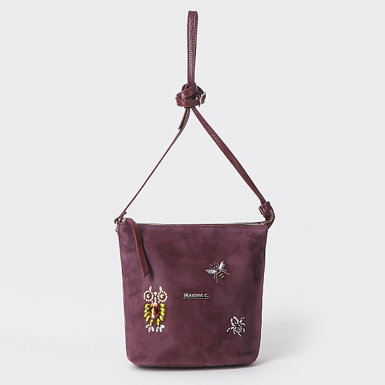 Бордовая сумочка кросс-боди в сочетании кожи и замши с декором из кристаллов Swarovski  Marina Creazioni