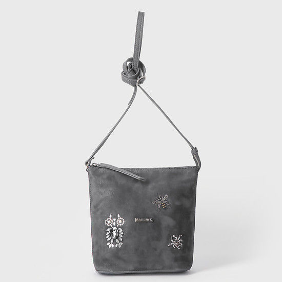 Серая сумочка кросс-боди в сочетании кожи и замши с декором из кристаллов Swarovski  Marina Creazioni