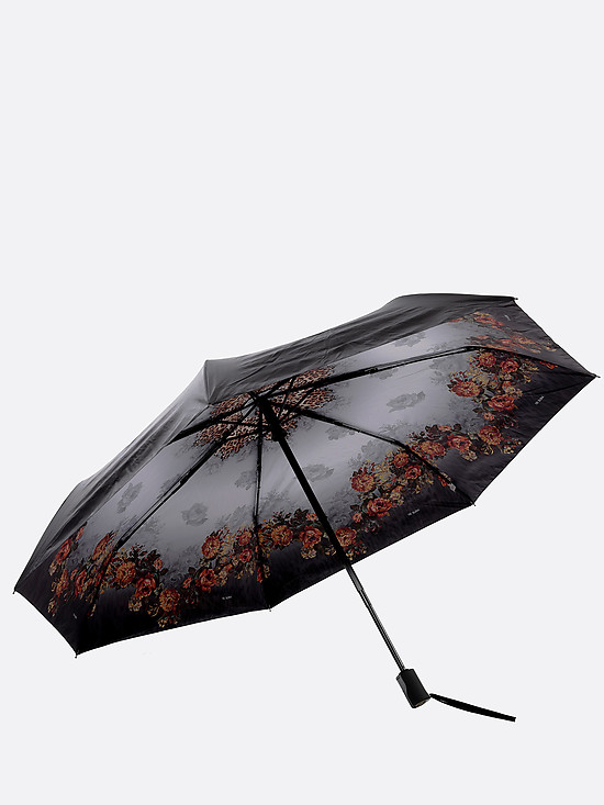 Черный складной зонт с принтом цветов на изнанке  Tri Slona