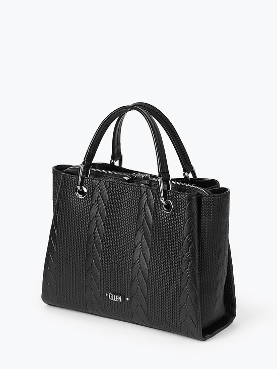 Черная сумка-тоут из кожи с имитацией плетения с тремя отделами  KELLEN